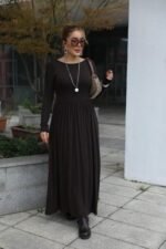 Kadın Kayık Yaka Sırt Dekoltesi Ve Yırtmaç Detay Maxi Boy Elbise - Görsel 2