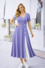 Kadın Kısa Kollu Asimetrik Yakalı Düğme Detaylı Midi Viskon Elbise - Görsel 3