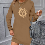 Kadın Uzun Kollu Bisiklet Yaka Güneş Desenli Viskon Iki Iplik Elbise