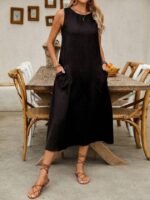 Kadın Askılı Yuvarlak Yakalı Kıloş Cepli Uzun Elbise - Görsel 2