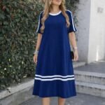 Kadın Kısa Kollu Bisiklet Yaka şerit Detaylı Midi Viskon Elbise