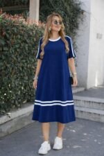 Kadın Kısa Kollu Bisiklet Yaka şerit Detaylı Midi Viskon Elbise