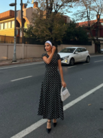 Kadın Kısa Kollu Bisiklet Yaka Puantiyeli Maksi örme Krep Elbise - Görsel 8