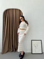 Kadın Uzun Kollu Kuş Gözü Transparan Detay Triko Bluz Ve Maxi Boy Etek Ikili Takım - Görsel 7