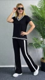 Kadın Kısa Kollu V Yakalı Viskon Iki Iplik Bluz Ve Pantolon Ikili Takım - Görsel 2