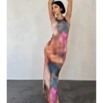 Bej Batik Desenli Elbise