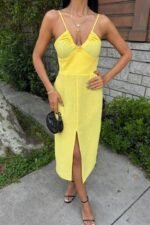 Göğsü Aksesuarlı Önü Yırtmaçlı Elbise 2899 - Görsel 8