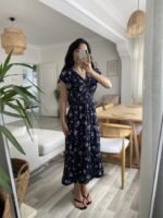 Kadın Kısa Kollu Kruvaze Yakalı Beli Lastikli çiçek Desenli Elbise - Görsel 3