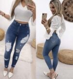 Kadın Yüksek Bel Düğmeli Yırtık Kot Pantolon