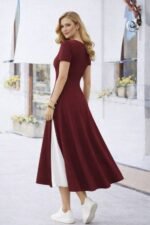 Kadın Kısa Kollu Asimetrik Yakalı Düğme Detaylı Midi Viskon Elbise - Görsel 2