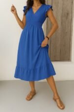 Kadın Kısa Kelebek Kollu Kruvaze Yakalı Beli Lastikli Aerobin Elbise - Görsel 3