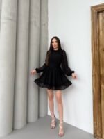 Kadın Yarım Balıkçı Yaka Kolları Transparan Astarlı Full şifon Elbise - Görsel 6