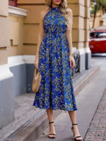 Kadın Omuz Dekolteli Halter Yaka Desenli Maxi Süprem Elbise - Görsel 3