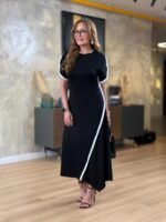 Kadın Kısa Kollu Bisiklet Yaka çift şerit Renk Detaylı Asimetrik Kesim Viskon Iki Iplik Elbise - Görsel 3