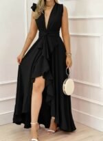 Kadın Askılı Kruvaze Yakalı önü Volanlı Uzun Krep Elbise