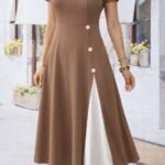 Kadın Kısa Kollu Asimetrik Yakalı Düğme Detaylı Midi Viskon Elbise