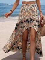 Kadın Yüksek Bel çiçek Desenli önü Asimetrik Detaylı Uzun Süprem Etek - Görsel 4