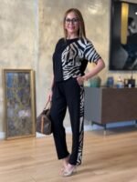 Kadın Bisiklet Yaka Kısa Kol Leopar Desen Bluz Ve Pantolon Ikili Takım - Görsel 6