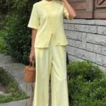 Hakim Yaka Çapraz Düğmeli Plazzo Pantolon Viscon Keten Takım 10209