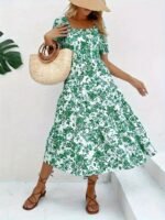 Kadın Kısa Kollu Kare Yakalı Lastikli Desenli Süprem Elbise - Görsel 4