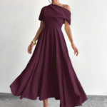 Kadın Omuzdan Açık Kısa Kollu Omuzdan Pileli Uzun Janjan Krep Elbise