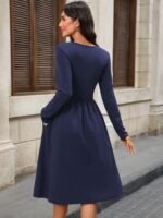 Kadın Uzun Kollu V Yakalı Cepli Midi Ithal Krep Elbise - Görsel 4