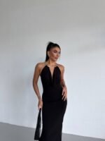 Kadın Boyun Aksesuarlı Halter Yaka Maxi Boy Sandy Kumaş Elbise - Görsel 6