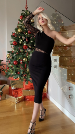 Kadın Siyah Tek Kol Dantel Detay Omuz Dekolte Krep Elbise - Görsel 8