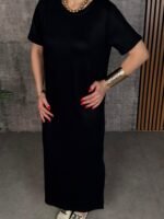 Kadın Kısa Kollu Bisiklet Yaka Yırtmaçlı Viskon Iki Iplik Elbise - Görsel 4