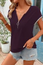 Kadın Kısa Kollu önden Fermuarlı Kol Ucu ışıltılı Viskon Bluz - Görsel 4