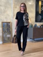 Kadın Bisiklet Yaka Kısa Kol Leopar Desen Bluz Ve Pantolon Ikili Takım - Görsel 8