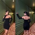 Kadın Madonna Yaka Simli Flower Kumaş Mini Elbise