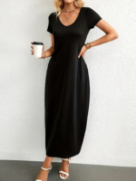 Kadın Kısa Kollu Yakası Yuvarlak Cepli Viskon Elbise - Görsel 5