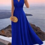 Kadın Askılı V Yakalı Bel Korsaj Detaylı Uzun Ithal Krep Elbise