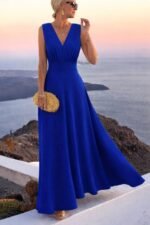 Kadın Askılı V Yakalı Bel Korsaj Detaylı Uzun Ithal Krep Elbise