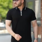 Erkek Fermuar Yakalı çizgi Detaylıkısa Kollu Tişört