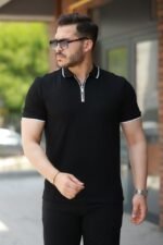 Erkek Fermuar Yakalı çizgi Detaylıkısa Kollu Tişört