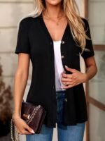 Kadın Kısa Kollu V Yakalı önü Düğmeli Viskon Bluz - Görsel 2
