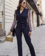 Kadın Uzun Kollu Kruvaze Yakalı Kolları Tül Detay Beli Kuşaklı Ithal Krep Tulum - Görsel 9