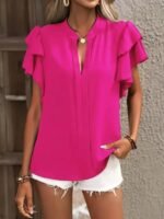 Kadın Kısa Kollu V Hakim Yaka Kolları Fırfırlı Dubai Bluz - Görsel 2