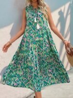 Kadın Askılı Yakası Fırfırlı Bağcıklı Desenli Uzun Süprem Elbise - Görsel 3