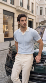 Erkek Örgü Desen Yakalı Kısa Kollu Triko Tişört - %100 Pamuk Akrilik - Görsel 2