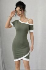 Kadın Kısa Kollu Asimetrik Kesim Yaka şerit Ve Aksesuar Detaylı Modal Elbise - Görsel 2