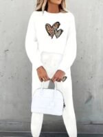 Kadın Uzun Kollu Bisiklet Yaka Kalp Desenli şardonlu üç Iplik Bluz Ve Pantolon Ikili Takım - Görsel 3