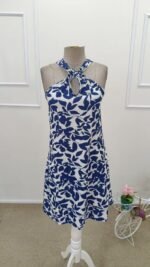 Kadın Boyundan çapraz Askı Damla Detaylı Omuzlardan Açık Desenli Kısa Süprem Elbise - Görsel 6