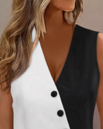 Kadın Sıfır Kol V Yakalı Düğmeli Blok Renkli Atlas Yelek - Görsel 2