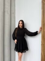 Kadın Yarım Balıkçı Yaka Kolları Transparan Astarlı Full şifon Elbise - Görsel 2