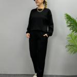 Kadın Uzun Kollu Bisiklet Yaka Viskon Iki Iplik Bluz Ve Pantolon Ikili Takım
