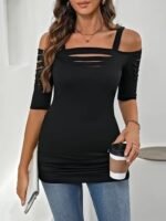 Kadın Omuzlardan Açık Askılı Lazer Kesim Detaylı Viskon Bluz