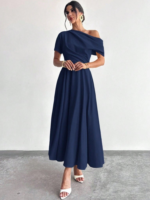 Kadın Omuzdan Açık Kısa Kollu Omuzdan Pileli Uzun Janjan Krep Elbise - Görsel 4